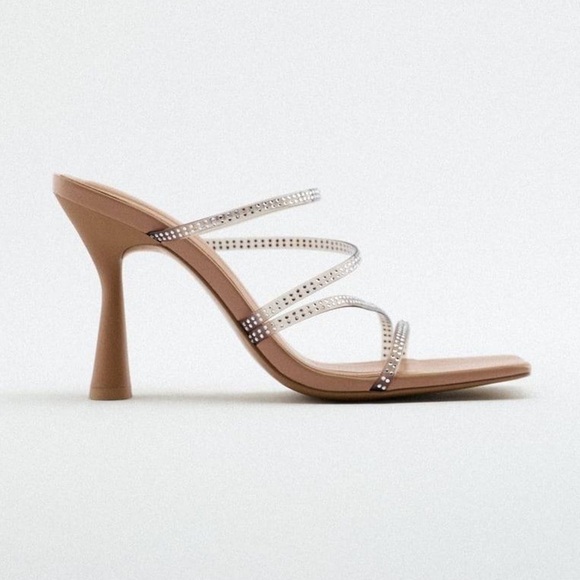 NWT. Zara Beige Rhinestones Details Squared Toe Sandals. Size 9 - Picture 1 of 8